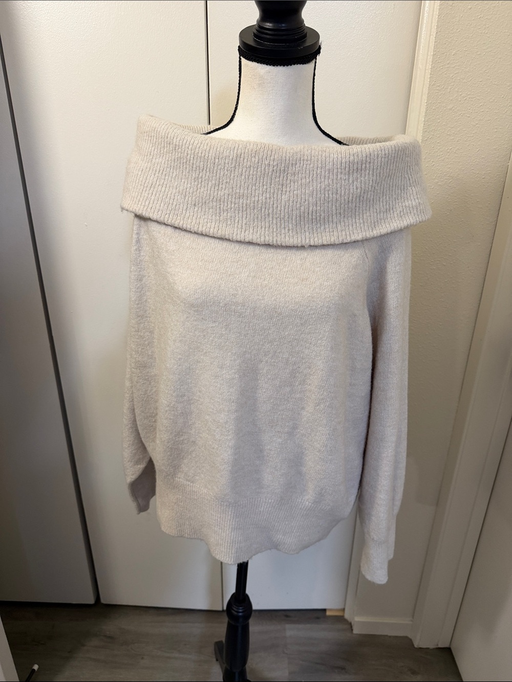 H&M Off-the-Shoulder Fold-Over Sweater in Cream